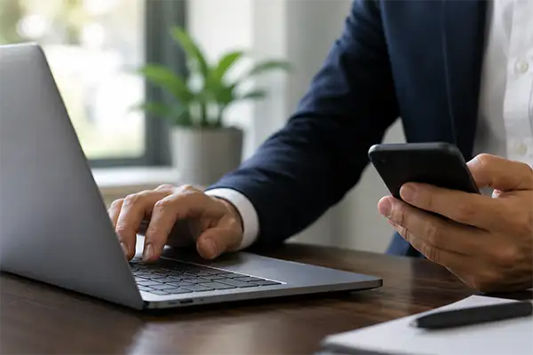 Professionnel envoyant des notifications électroniques pour les entreprises depuis un ordinateur portable et un téléphone mobile.