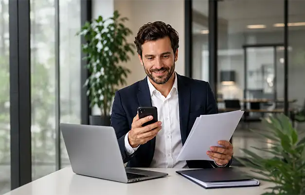 Profesional gestionando documentos electrónicos desde el móvil en una oficina